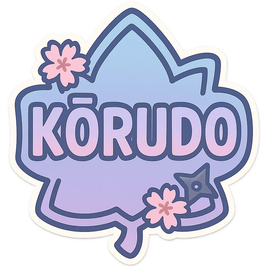 Transform the 'korudo' badge into a Japanese style emblem featuring a traditional Japanese crest shape. Add subtle sakura (cherry blossom) accents while maintaining a chibi/anime-inspired playful vibe. Use a soft blue and purple gradient as the main color scheme. Include bold, easy-to-read text and a ninja star accent. The background should be transparent. The design should be sized appropriately for Twitch or Discord use. emoji
