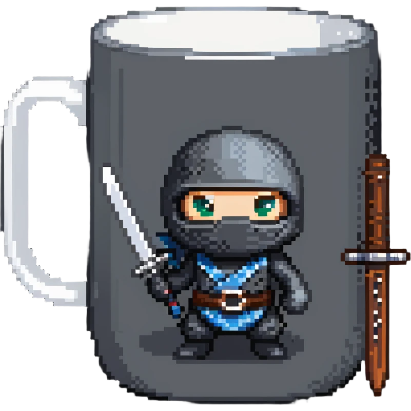 coffee mug with eyes holding a ninja sword emoji
