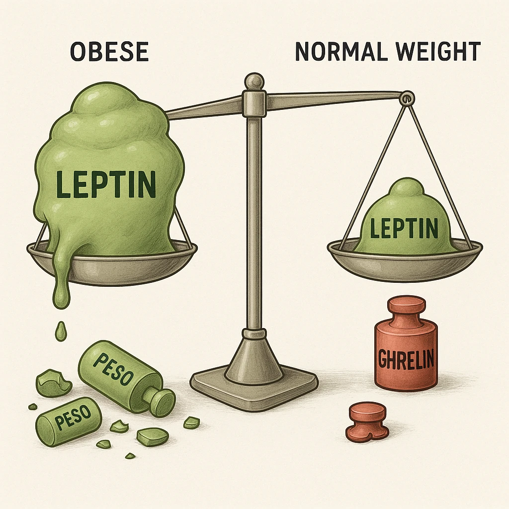 endocrinology diagram style showing a scale with leptin in green on one side and ghrelin in red on the other side; on the obese side, leptin overflows but the scale doesn't move; broken leptin weights labeled 'Peso' scattered on the floor; on the normal-weight side, the scale is perfectly balanced; 4K resolution, clinical, clear, detailed medical illustration emoji