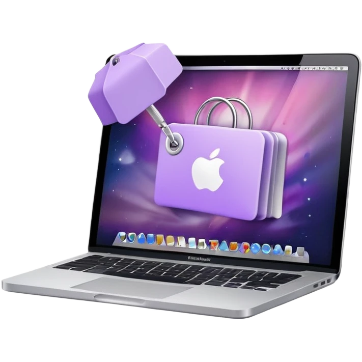 Discount tag with macbook ios light violet elements. emoji