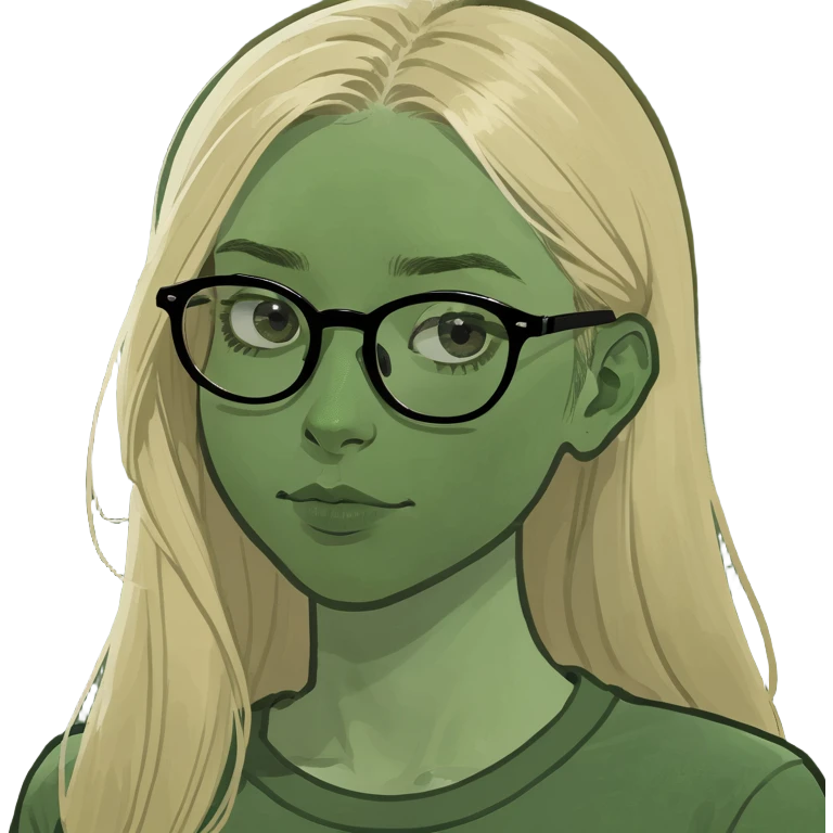 a girl with blue eyes, long blond hair, oversized glasses, bufo frog meme style emoji