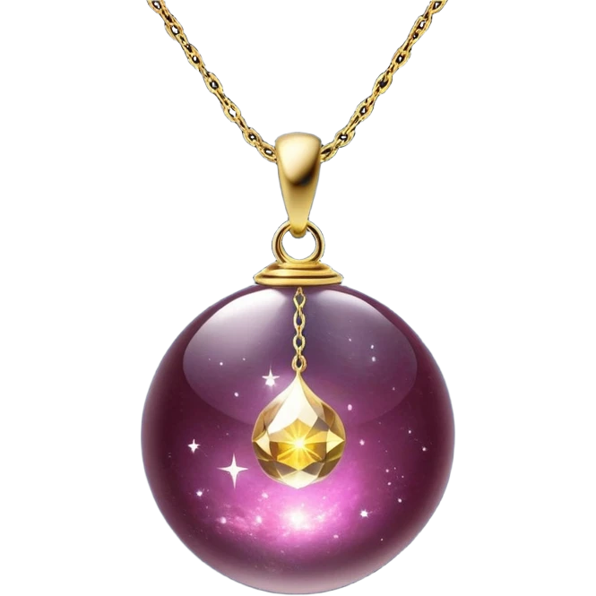 A polished round ball wine granite pendant suspended from a delicate gold chain, like a drop of enchanted starlight, glowing with the warmth of passion and the quiet power of transformation ethereal floating magical moving around... rebirth moving chain emoji
