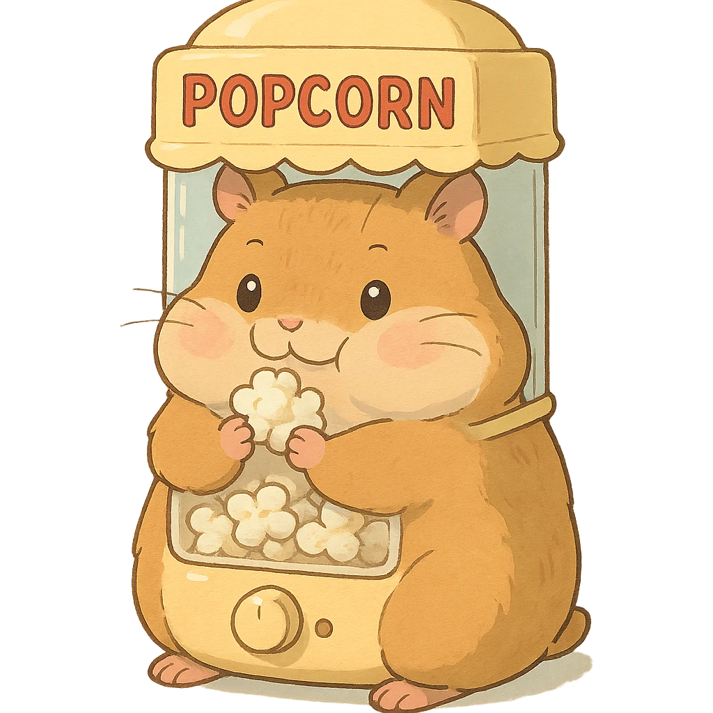 high-quality, visually appealing, normal-looking kawaii soft fluffy hamster designed as a popcorn machine appliance-animal hybrid, with puffed cheeks, holding popcorn, soft pastel colors, full-body, 电器拟动物风格 emoji