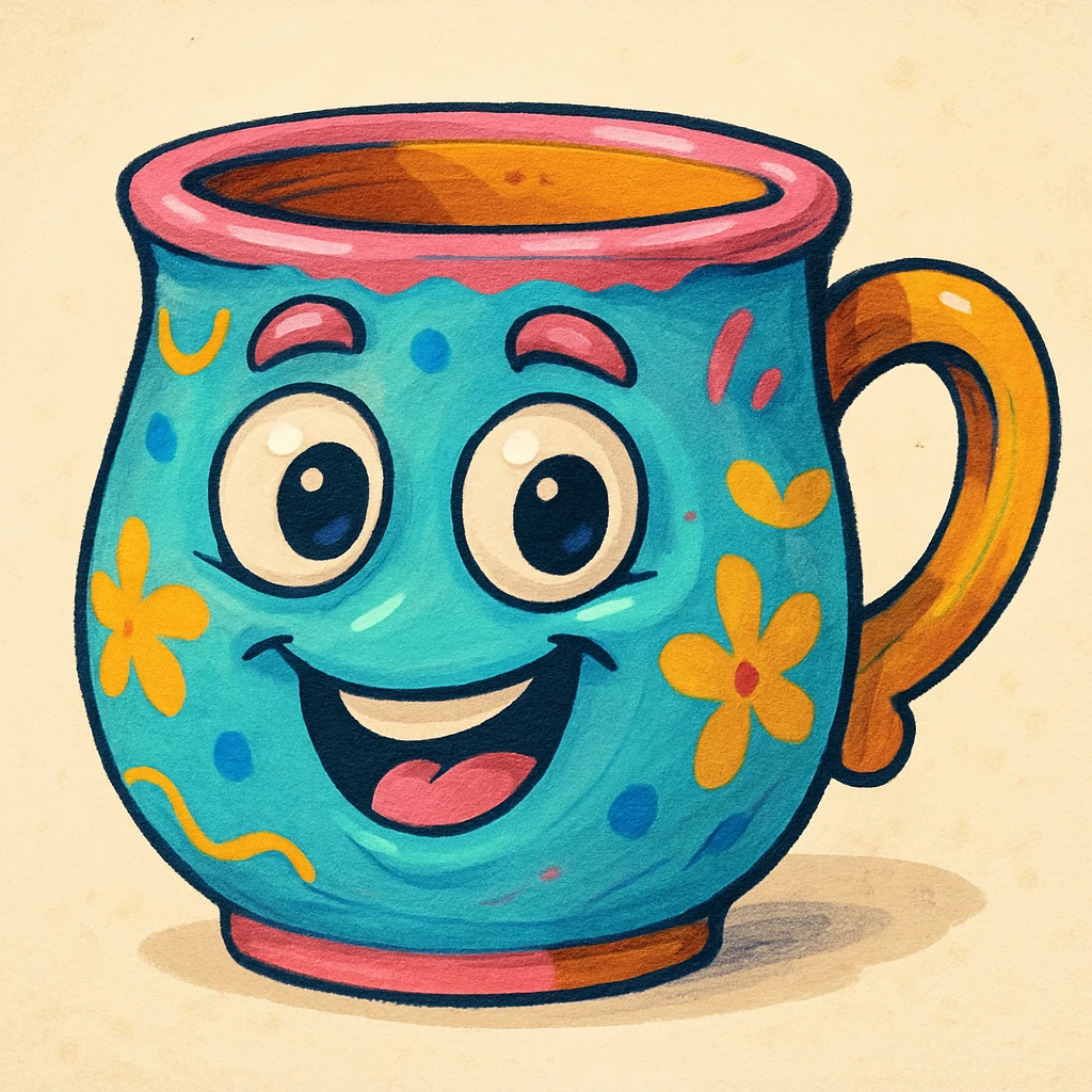 a whimsical pottery mug with a face, playful colors, cartoon style emoji