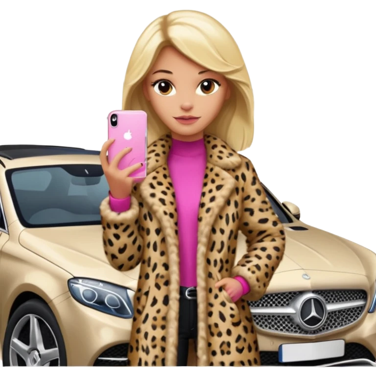 a blondie queen Arina in a leopard fur and pink iPhone on her mercedes emoji