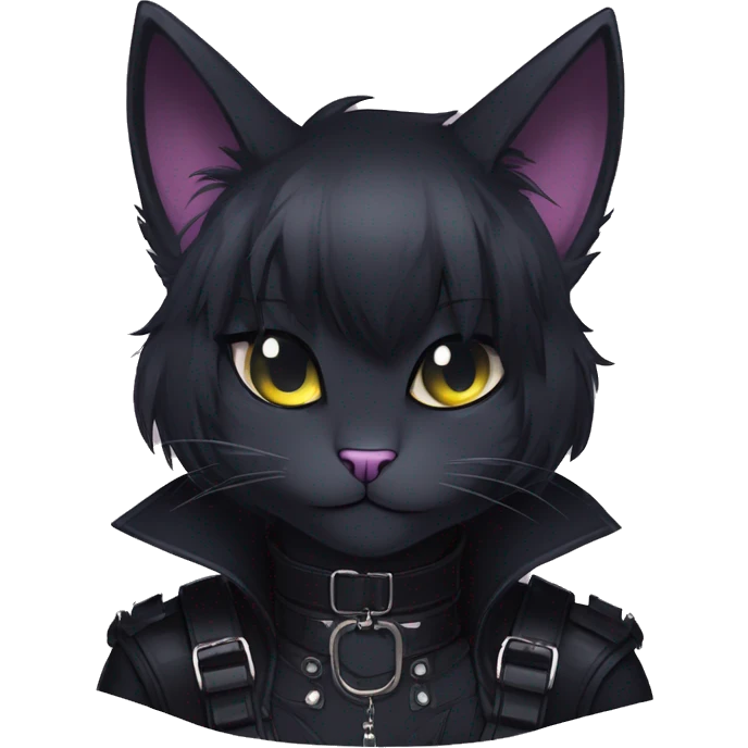 Gorgeous furry gothic dark techwear anime style anthro black cat furry sona Fakemon with blushing face aesthetic and pretty edgy black with collar and harness trending style emoji