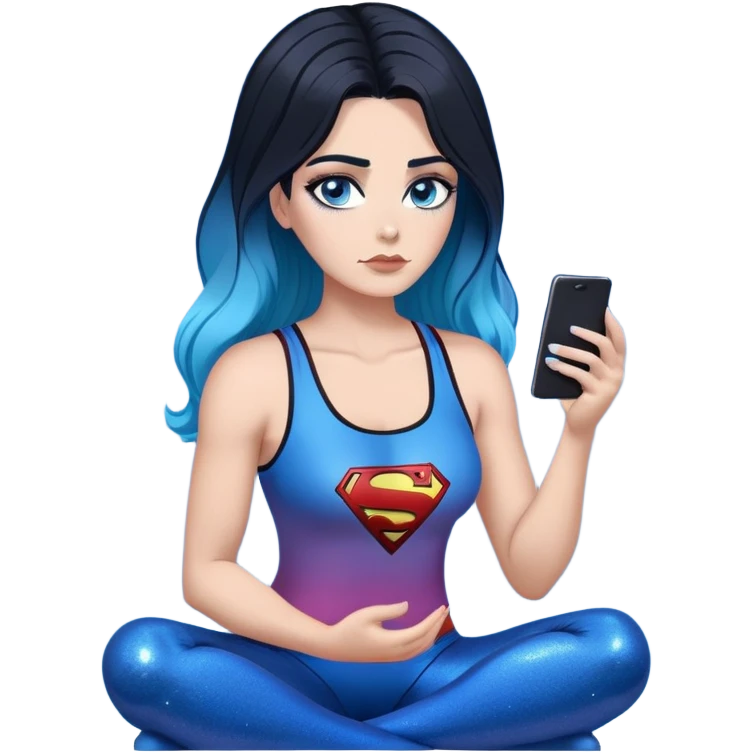 Thought bubble saying I'm sorry-Female-very very very large chest-texting on a samsung cell phone-very long straight black to sky blue hair ombre-blue eyes-black eyeliner-long eyelashes-iridescent tank top with glitter superman logo-leggings emoji