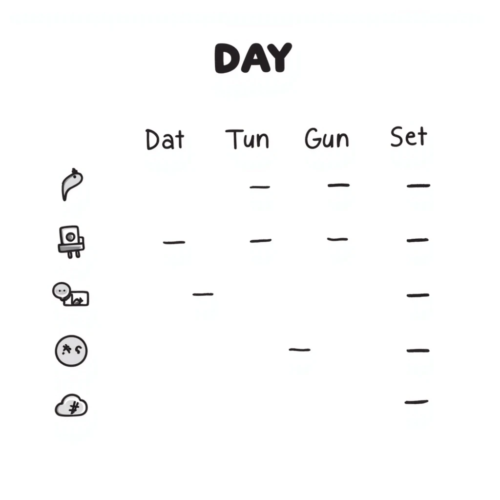 monthly social media posting schedule as a table with icons emoji