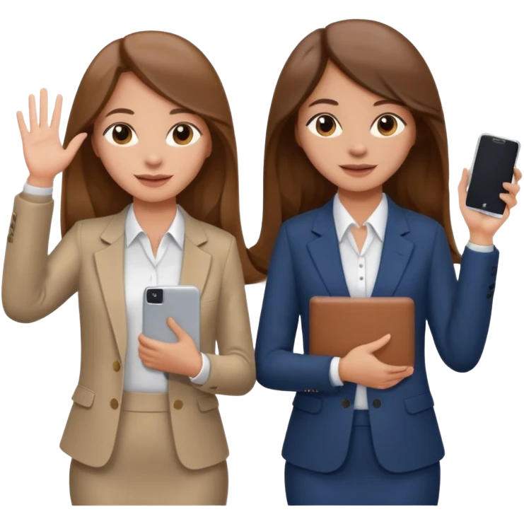 

two brown haired girls, looking professional maybe leaned on each others back and looking forward and waving with long hair and one girl can hold lap top another one can hold the phone, professional clothes, more stylish

 emoji