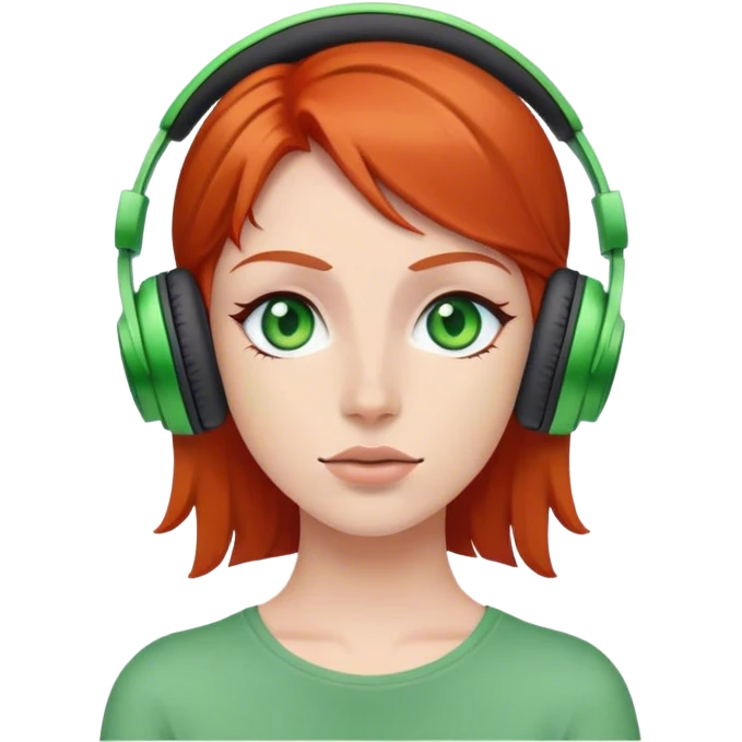 Red head with green eyes listening to music on wireless headphones  emoji