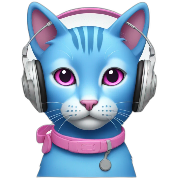 Blue cat with white headphones and pink eyes emoji