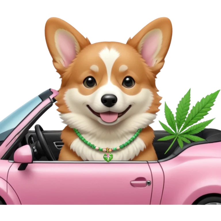 Tan and white Corgi with marijuana necklace sitting in a pink Sport car  emoji
