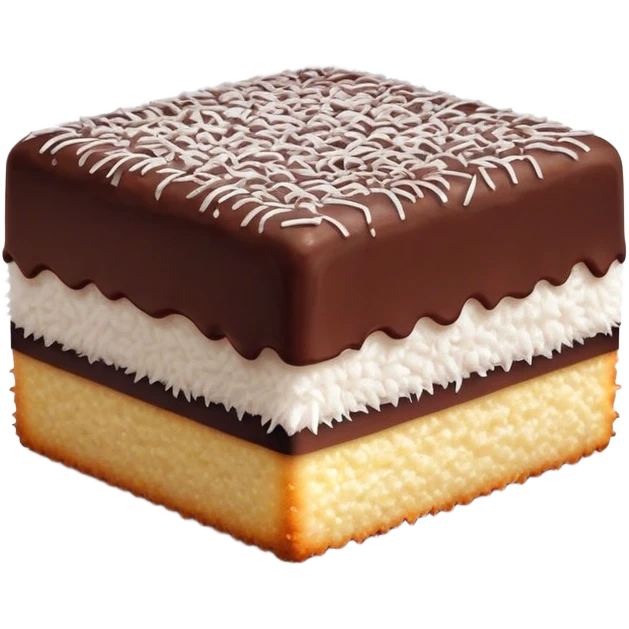 Lamington Cinematic Realistic Lamington Dessert Emoji, depicted as a sponge cake square coated in chocolate and dusted with coconut on all sides, rendered with lifelike textures and vibrant, tropical lighting. emoji