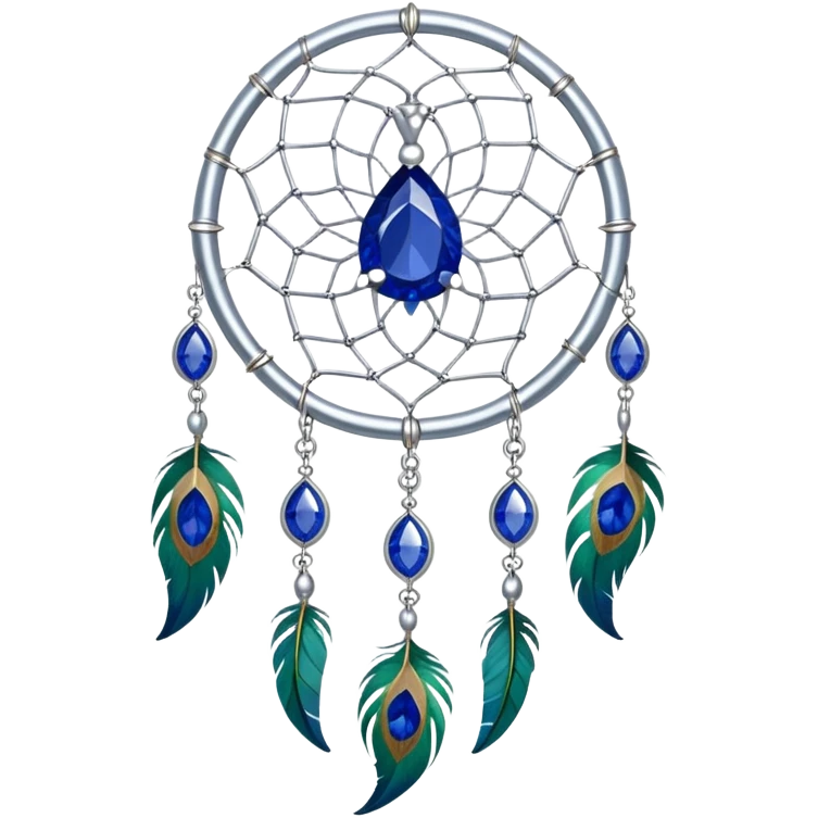 a Silver Dreamcatcher with sapphire-stones and emerald-stones, and with peacock-feathers. Big sapphire gem in the middle. Many tiny emeral gems around it.   emoji