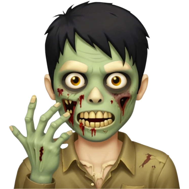 cabelo liso desordenado negro homen con aparencia de zombi y que haga un gesto mostrando los dientes de oro que se agarre la boca con la mano emoji