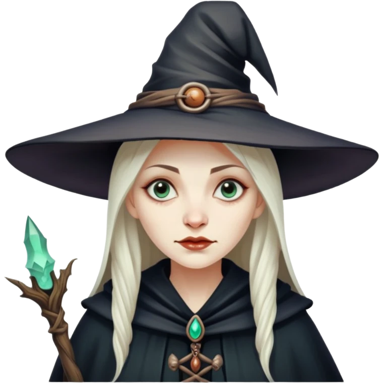 Baba Yaga sorceress woman, classic witch hat, mysterious expression emoji