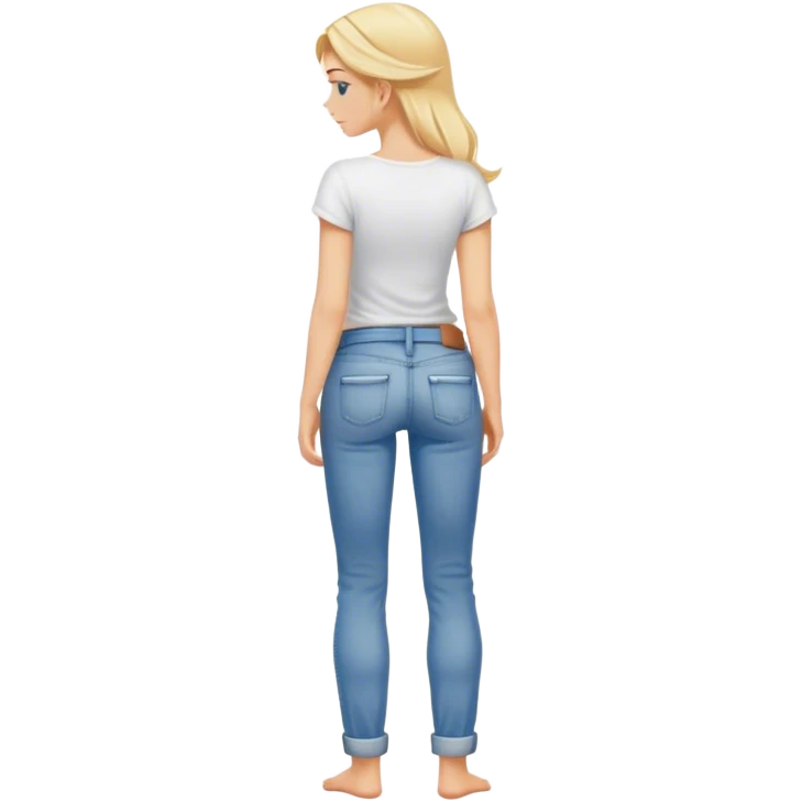 Barefoot blonde girl in rolled up jeans in white top with right hand in back pocket from the back emoji