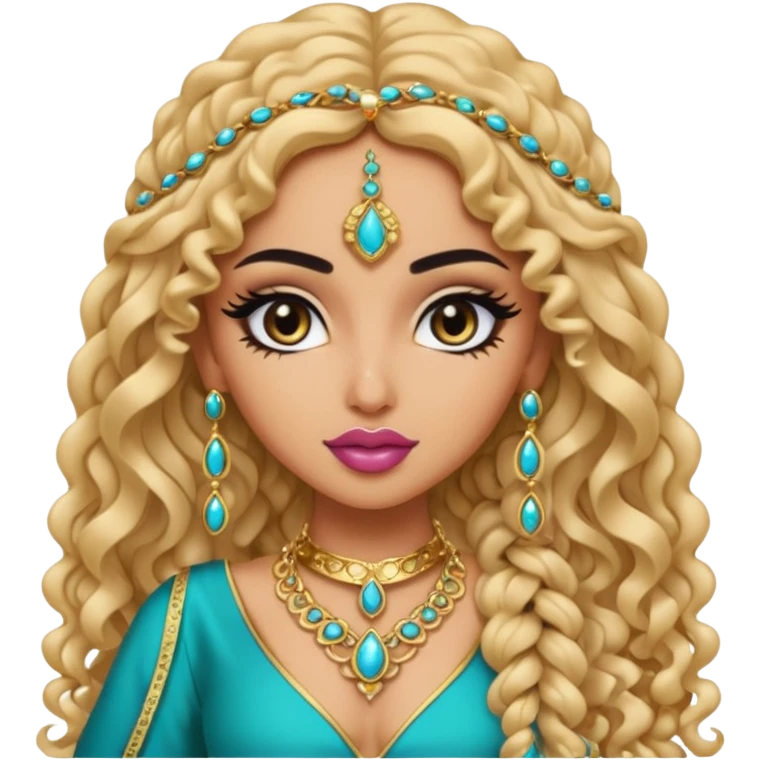 stylish bratz baddie emoji, arabian nose, pretty lips, light skin, long curly hair, black eyeliner, dressed in arabian fashion emoji