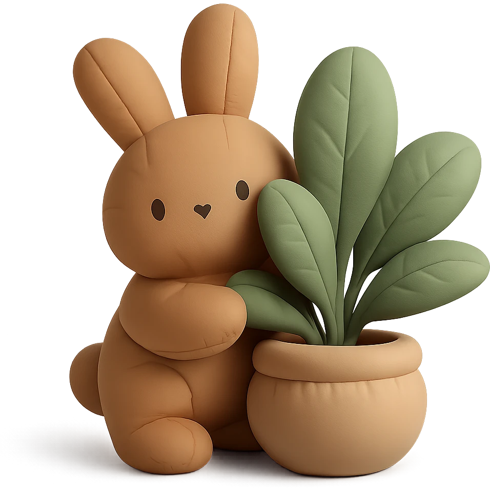 full-body cinnamon bunny peeking behind a plant in cushion style emoji