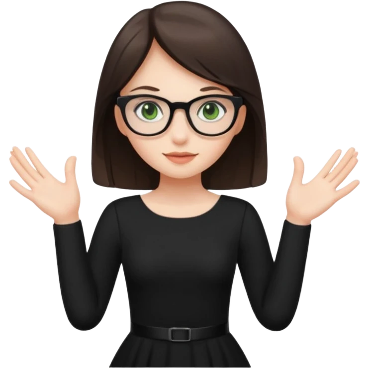 a cute white brunette girl with green eyes in a black dress wearing glasses  with two hands  emoji