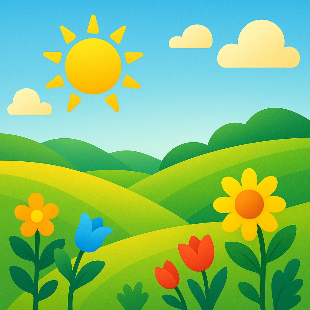 sunny landscape with rolling hills, bright and cheerful, colorful, simple shapes, emoji style inspiration emoji