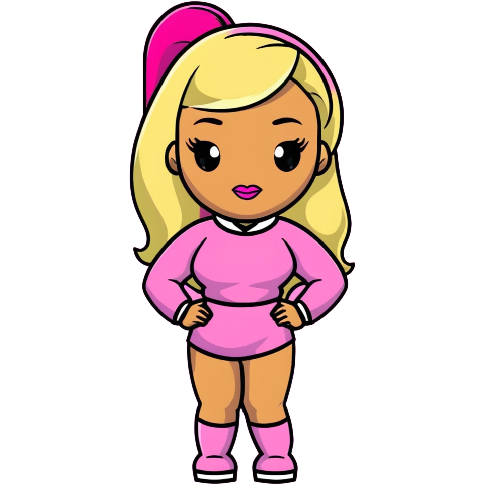 Nicki Minaj wearing a pink outfit with hair that is half blonde and half pink emoji