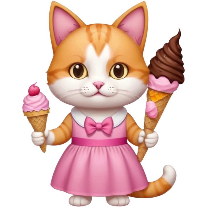 گربه‌ ای سفید نارنجی که پاپیون رو سرشه و لباس صورتی تنشه و بستنی شکلاتی قیفی دستشه emoji