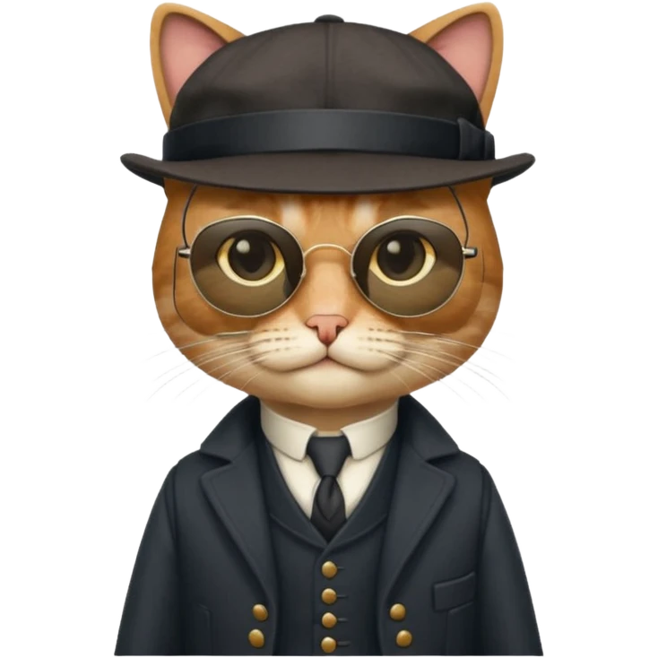 Cat wearing sunglasses and a peaky blinders hat, along with a waistcoat and over coat.
Peaky blinders style emoji