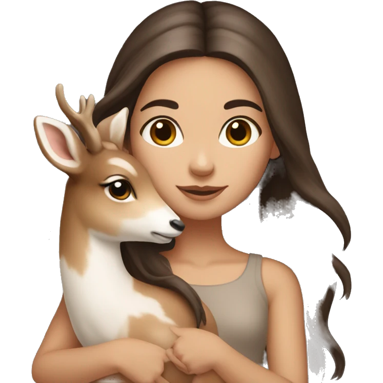 white girl with dark brown long hair holding fawn deer emoji