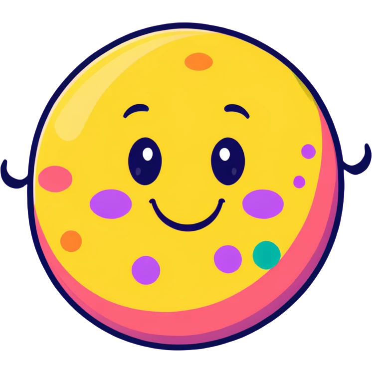 planet with rainbow polka dots all over its surface and a big grinning face emoji