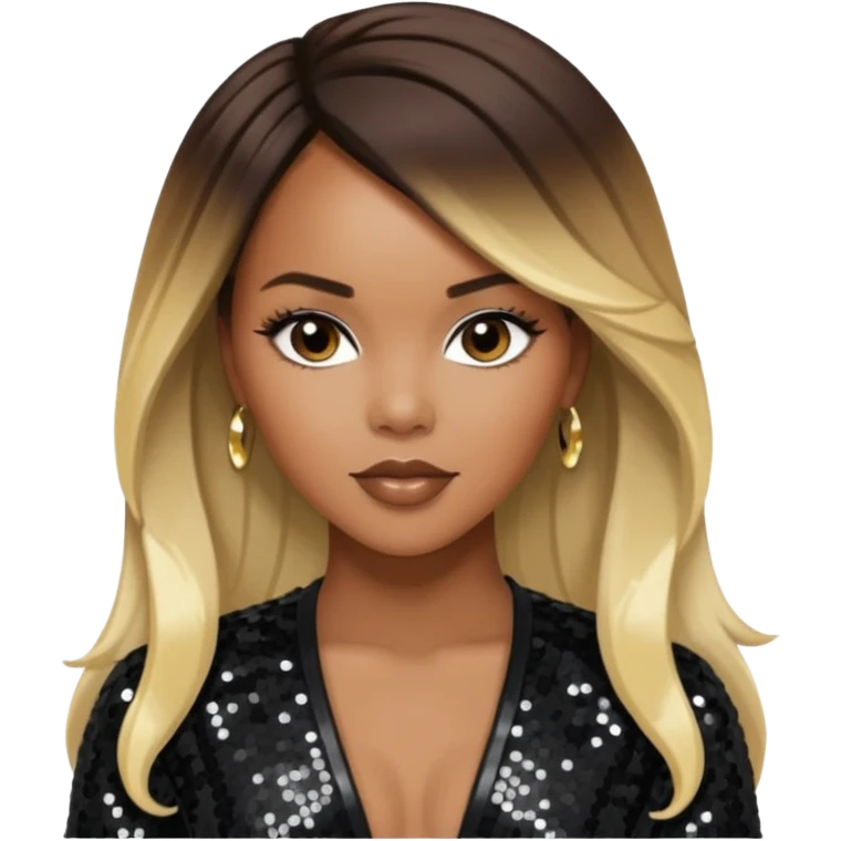 LeToya Luckett with long dark brown hair blonde hair, black sequin outfit emoji