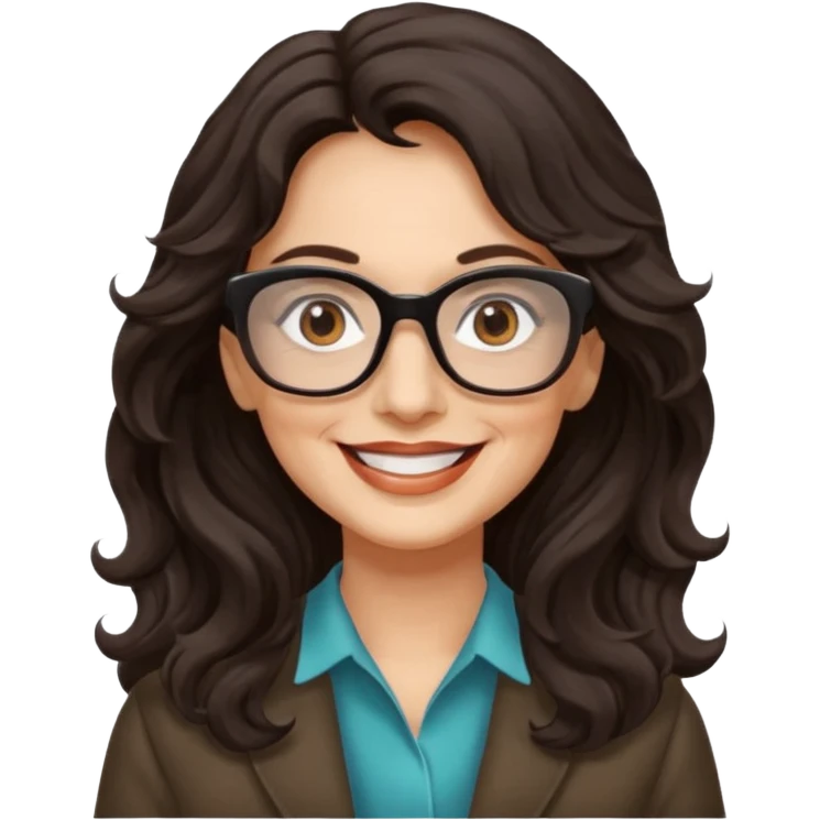 woman 60 long dark weavy hair, brown eyes rectangle dark glasses emoji