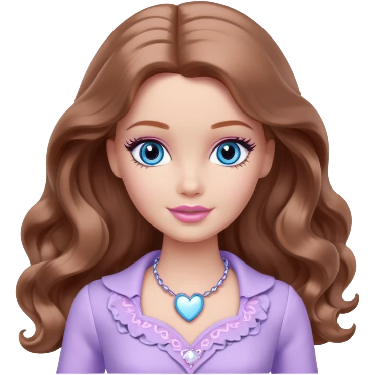 Barbie girl Chestnut long wavy hair and blue eyes is In pale purple clothes There are grey hearts all around emoji