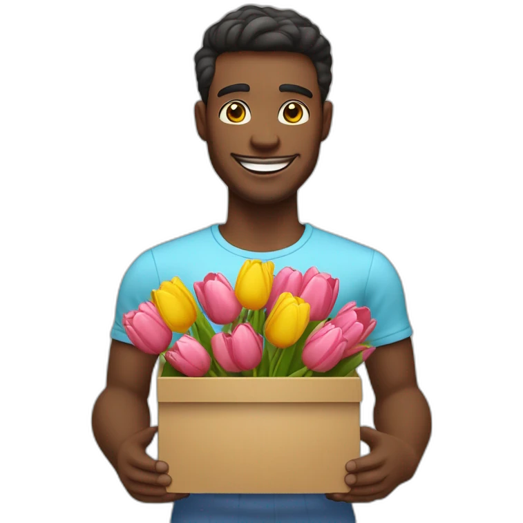 The man holds a decorative box in which tulips and smiles lie. The man has a beautiful smile skin white emoji