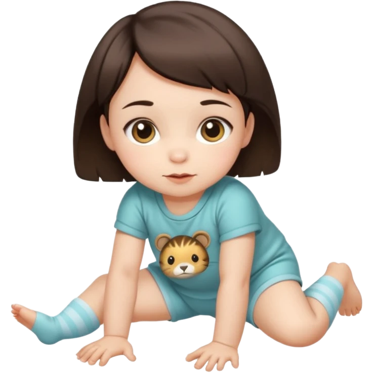 short brunette hair baby crawling on the floor with cute animal symbol clothes emoji