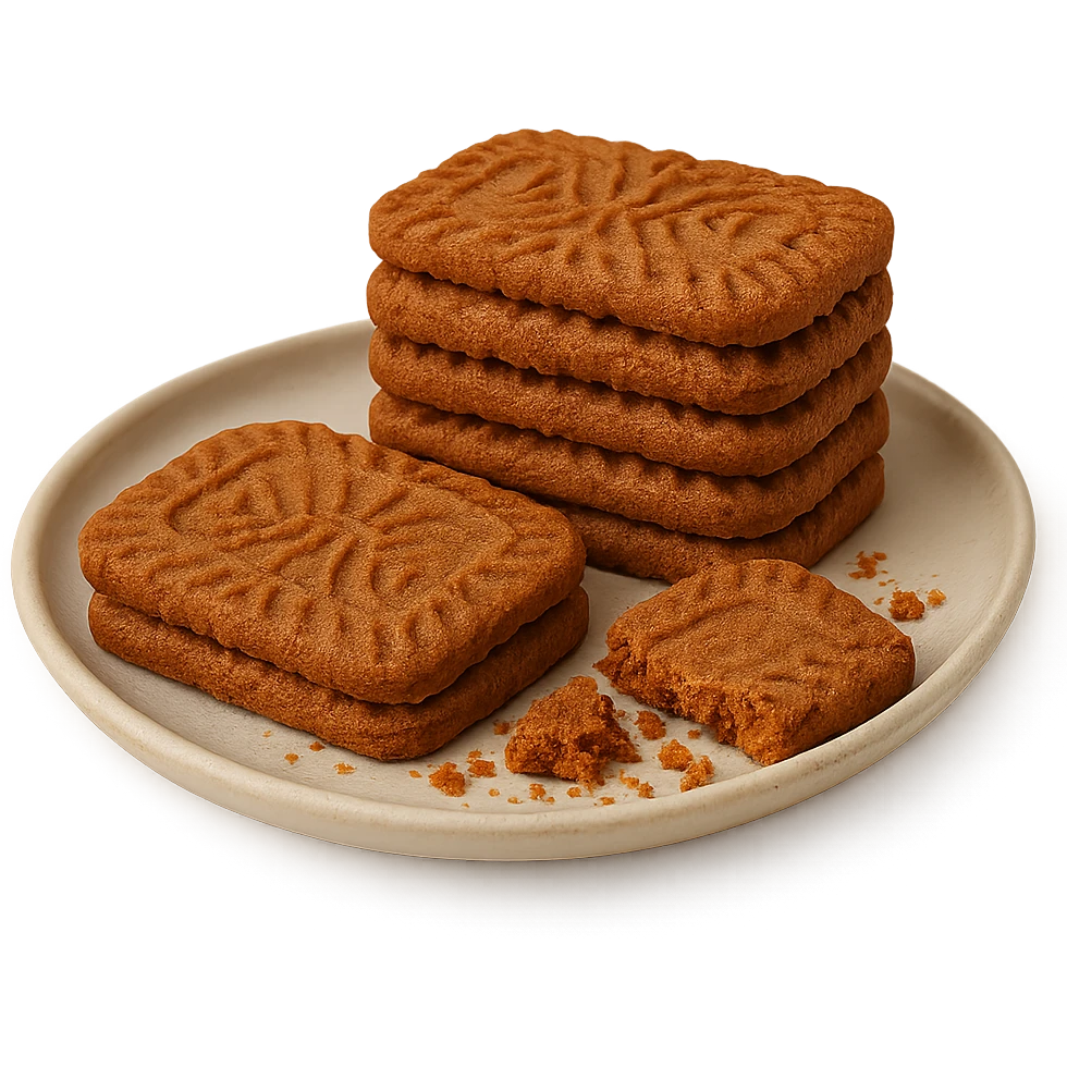 speculoos cookies, stacked and crumbled, showing their spiced interior, warm brown color, on a plate, white background emoji