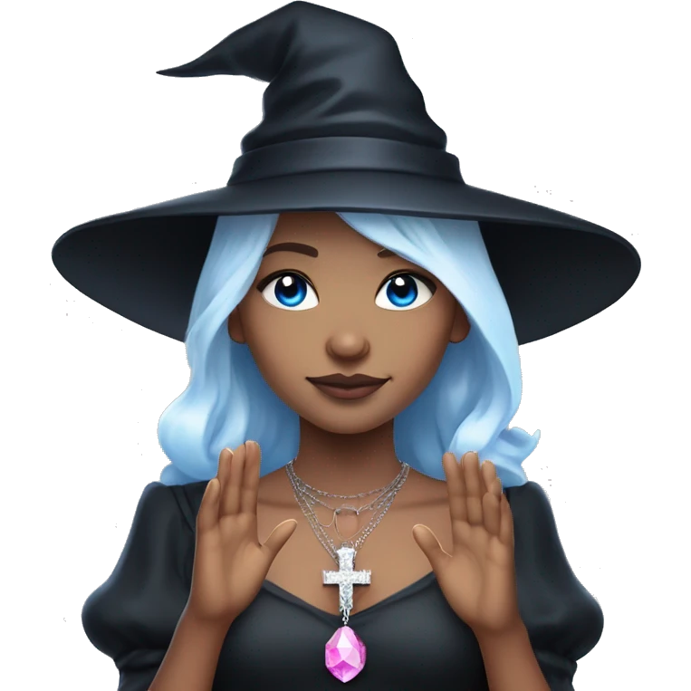 pale young witch wearing a low cut black dress, a pink crystal necklace, and a witch hat, with white hair and bright blue eyes, making prayer hands emoji