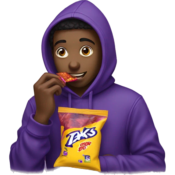 student wearing a hoodie while eating a bag of takis emoji