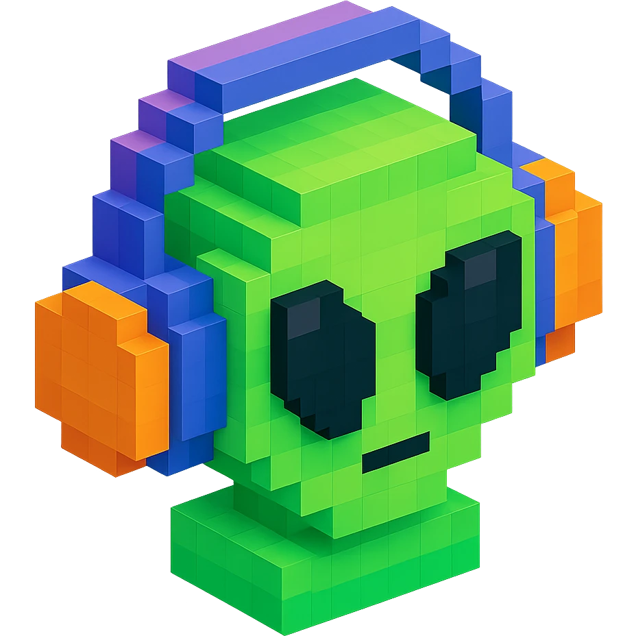 green alien with big black eyes wearing large over-ear headphones, isometric view emoji