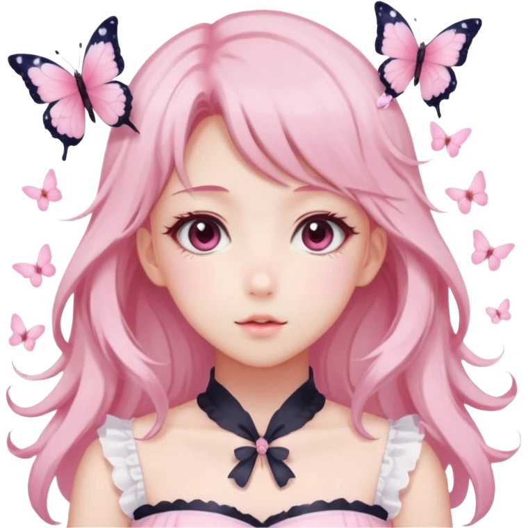 A Gorgeous Beautiful Anime Lady Sakura Cherry Blossom and Pretty Hair, pastelcore aesthetic, pastel pink and white, butterfly, Fairycore emoji