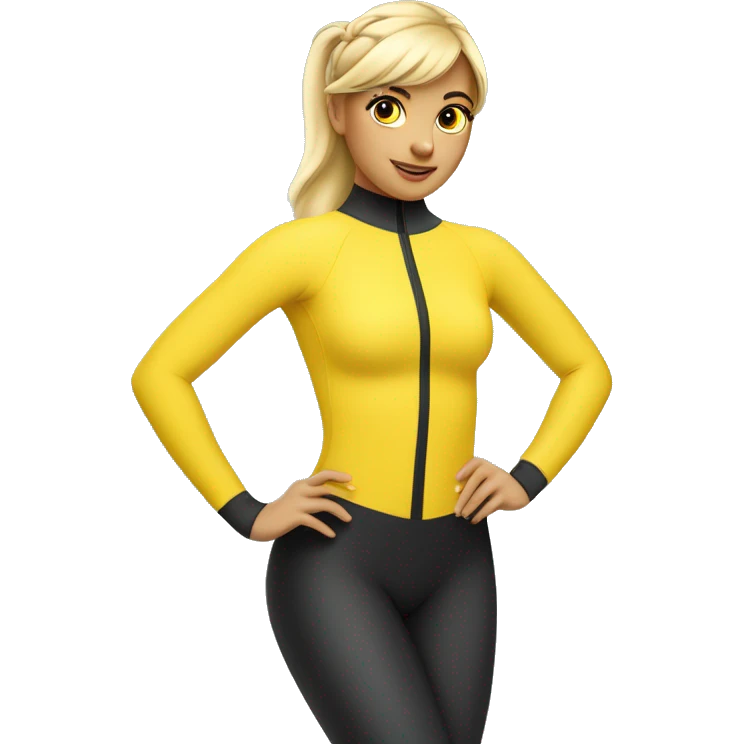A hot and beautiful cartoon girl with blonde hair with straight bangs tied up with a pretty ponytail wearing a yellow long sleeved sleeves wetsuit emoji
