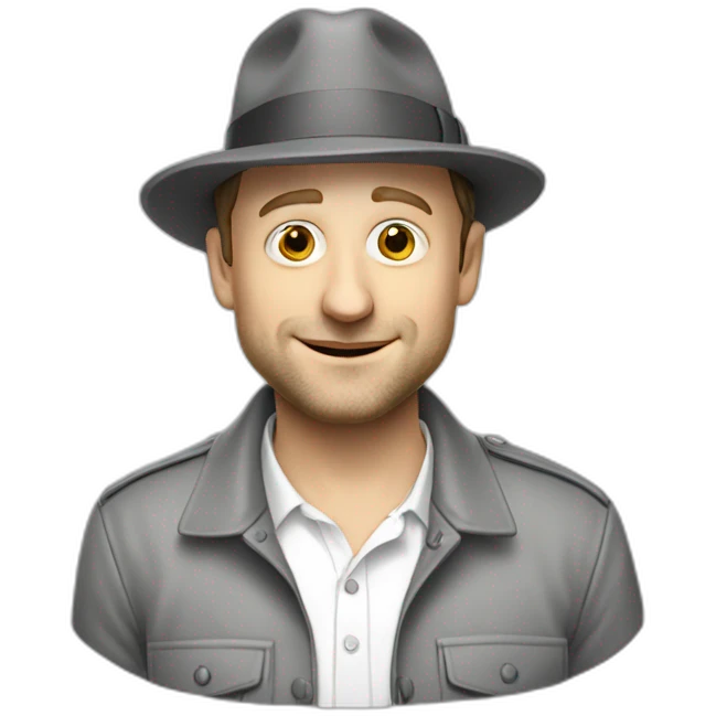 tim robinson wearing a grey fedora with a grey flap on the back white shirt emoji