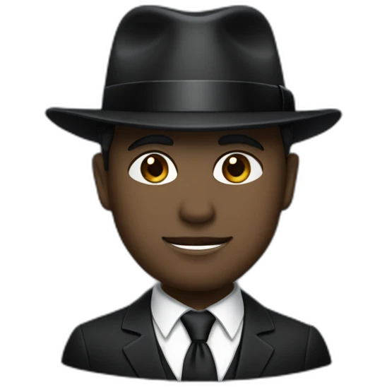 Man with cobalt black/grey skin wearing a black formal suit with a black tie, wearing a fedora with a white band on it. emoji