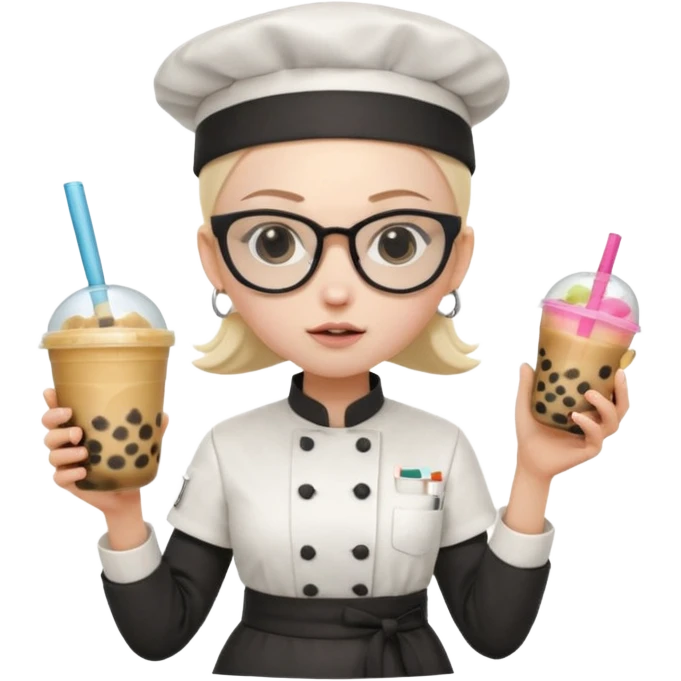 A Angry Teen Female with Pale skin and Bald, wearing a Uniform outfit, a Chef hat, Sunglasses, carrying a Wand, working as a scientist, while drinking Bubble tea and reading a Book.
 emoji