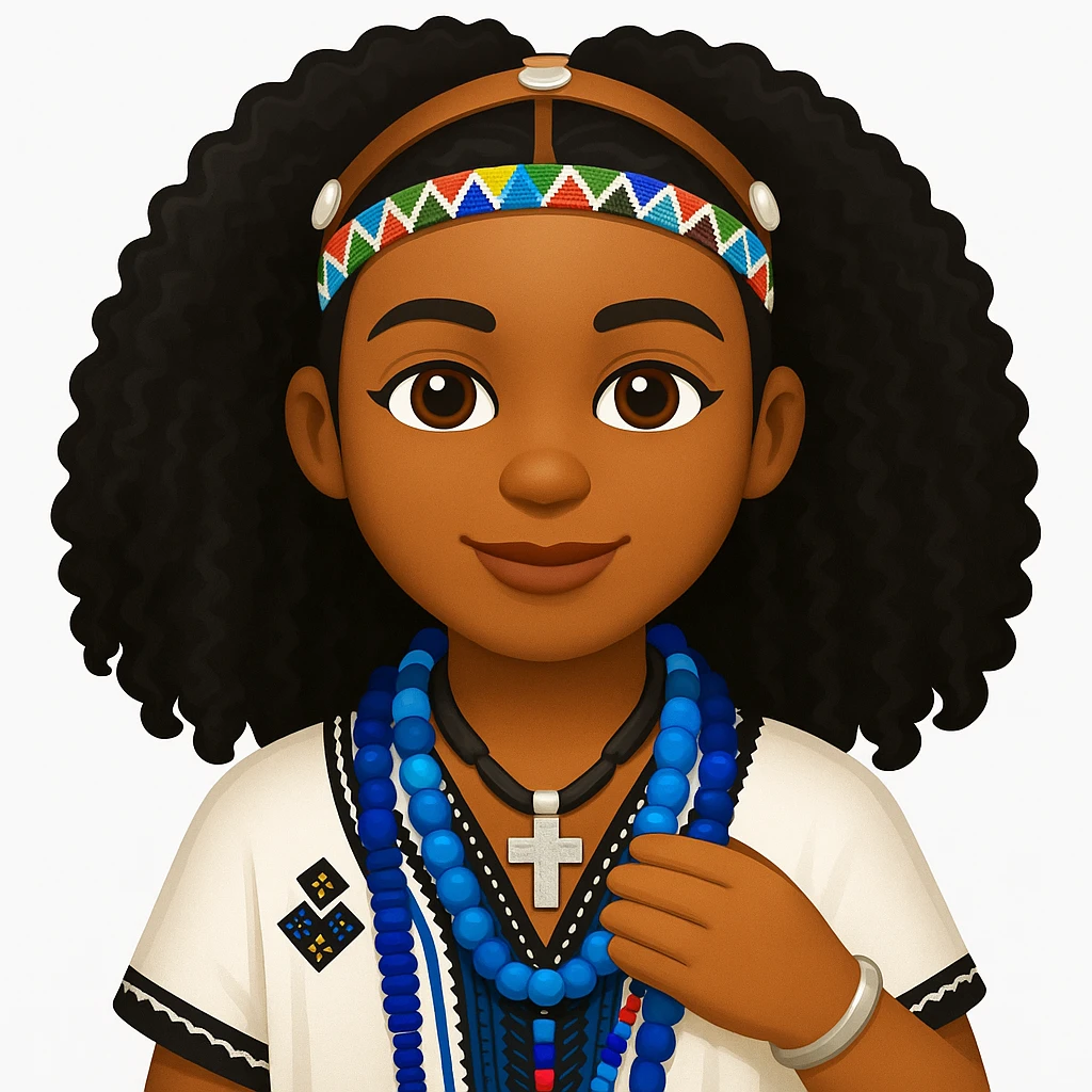 Create a high-definition, precise iOS (Apple) style emoji of an Ethiopian woman in traditional attire. Capture her natural curly hair, beaded headband, traditional jewelry, and warm expression. The style should reflect the look and feel of Apple emojis with clear details and vibrant colors. emoji