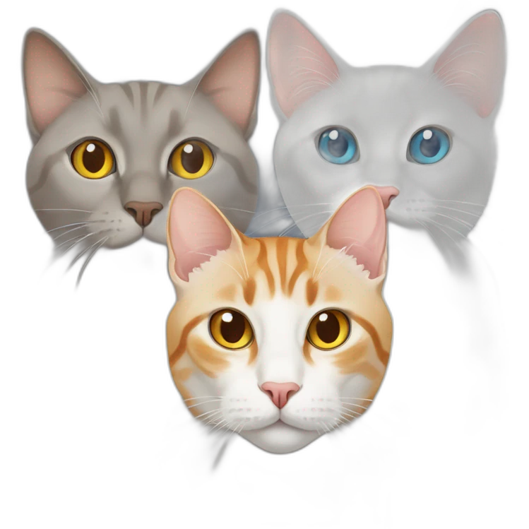 three cats sitting together ,one grey tabby siamese cat with blue eyes ,one orange and white tabby cat with yellow eyes ,one orange cat with orange eyes emoji