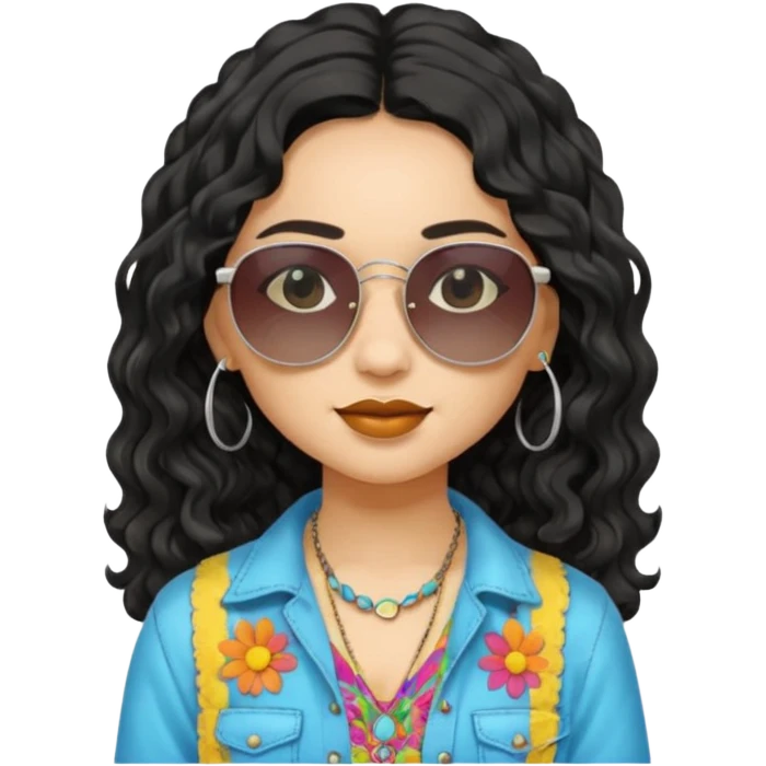 girl in hippies clothes, wearing sunglasses, black wavy hair emoji