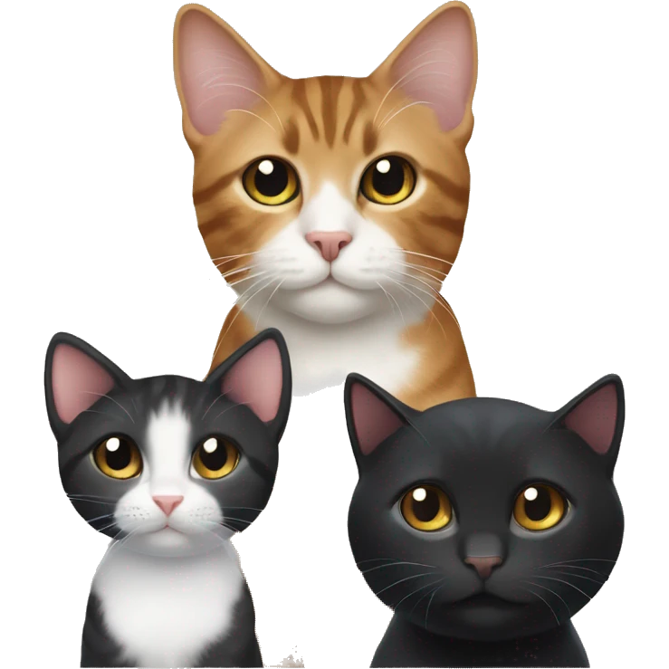a black tuxedo cat, a brown tabby cat, and a black kitten  emoji