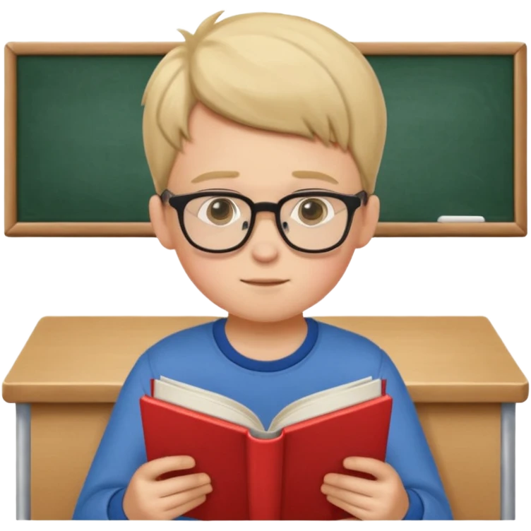 Boy with glasses sitting at school reading with his back to the camera emoji