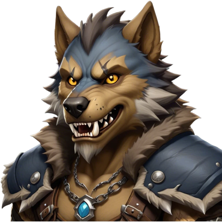 Cinematic Realistic WoW Worgen Portrait, head tilted dramatically with an exaggeratedly amused expression, blending ferocious beastliness with a touch of unexpected humor. His rugged fur, tanned skin, and worn leather garments are rendered with meticulous detail and dynamic lighting, high shine, dramatic yet whimsical, capturing the essence of a worgen whose epic might is tempered by a playful, irreverent charm. emoji